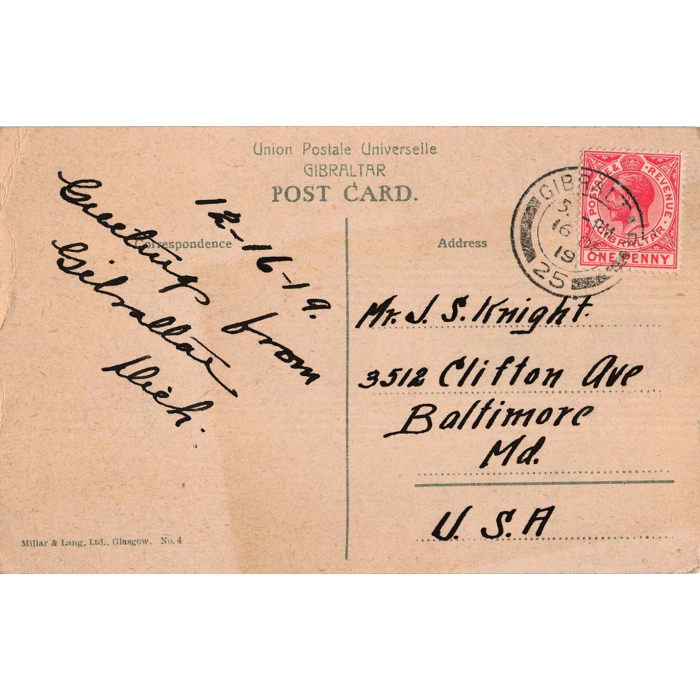 Vintage Gibraltar Postcard Rock from Neutral Ground 1919 Postmark Millar & Lang - Picture 2 of 2